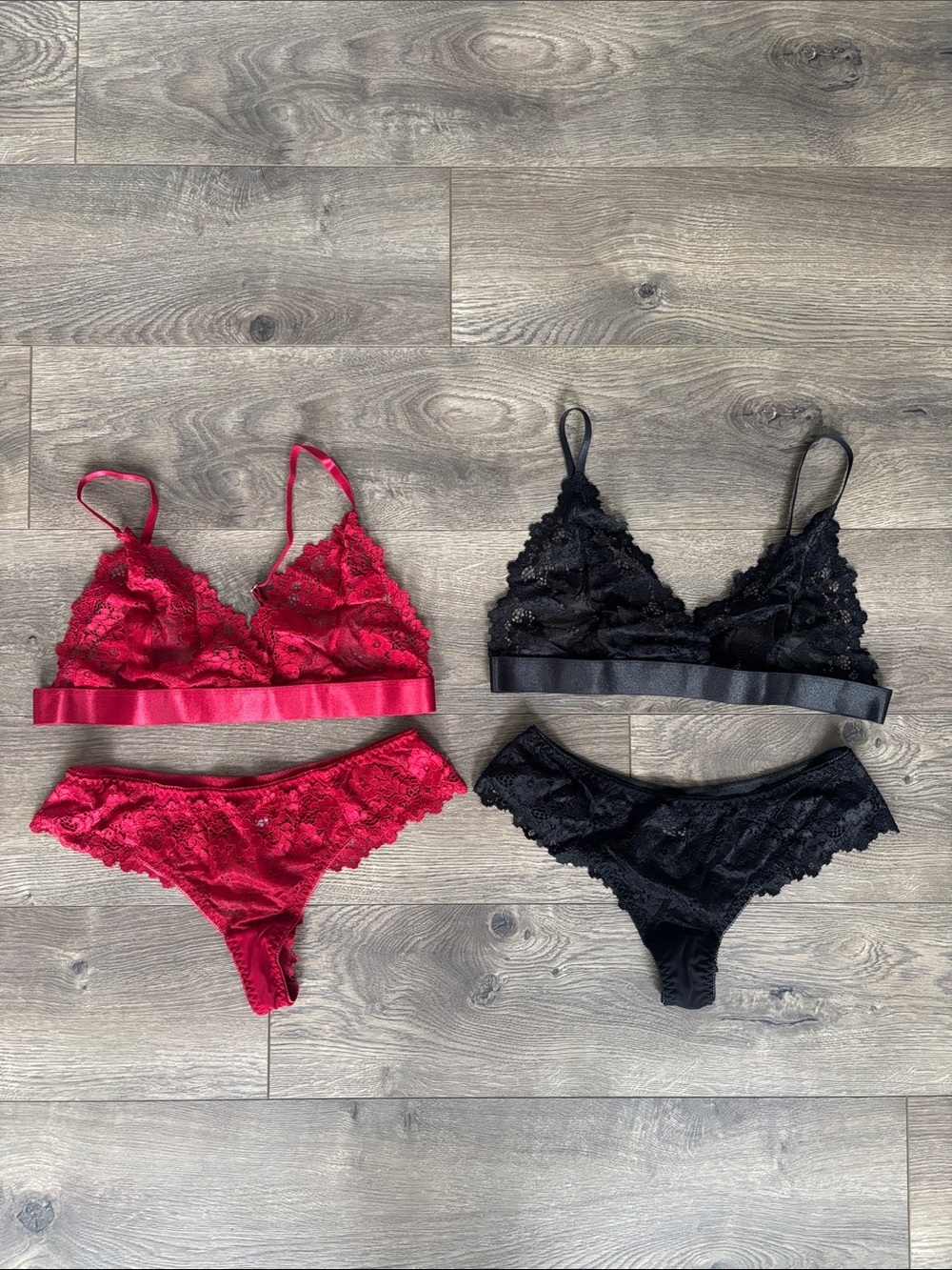Lace Bralette & Bikini Set - Red and Black